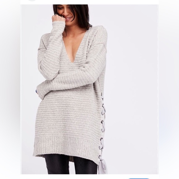 Free People Small Heart It Gray Lace Up Oversized Sweater Dress V Neck - Picture 3 of 10